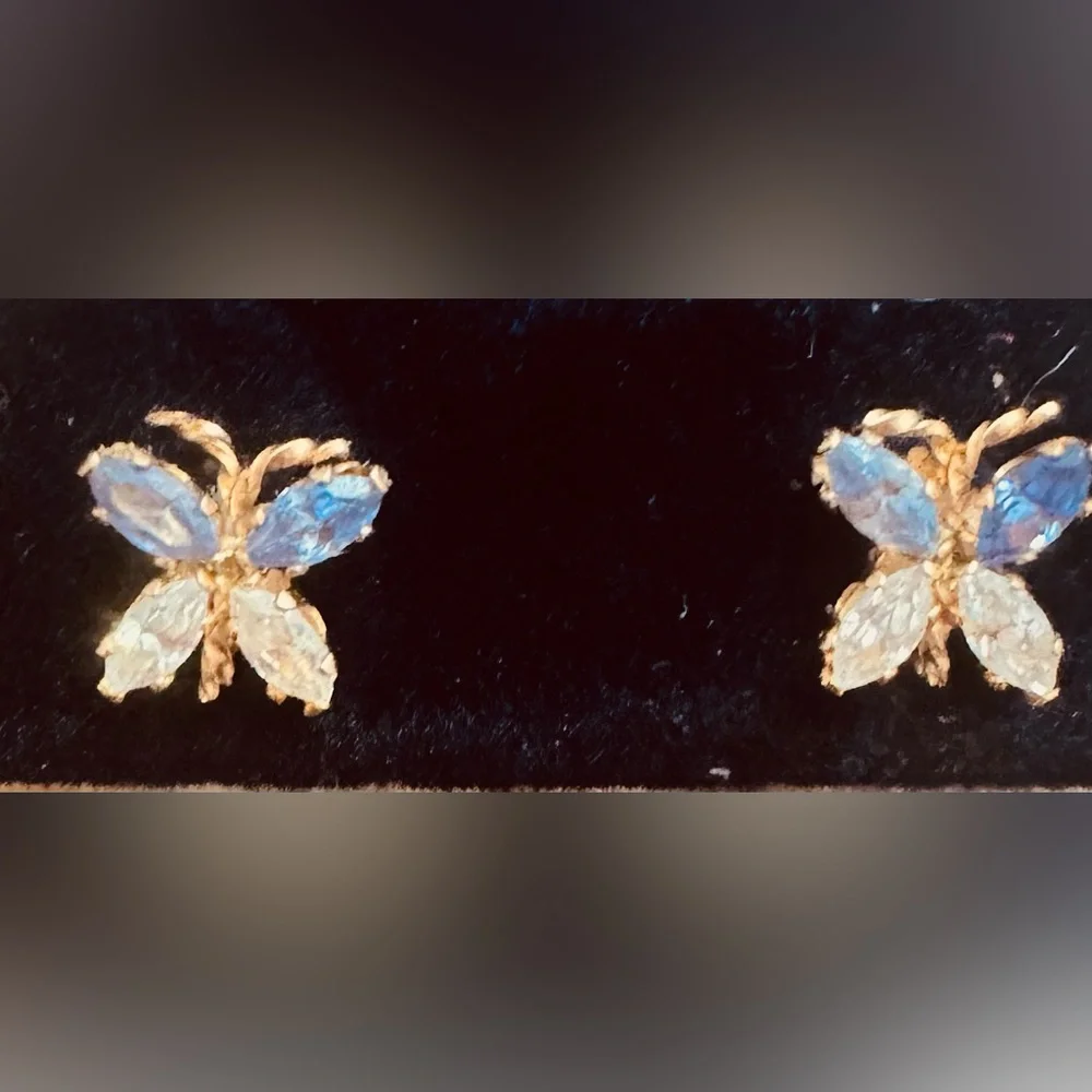 14K Solid Gold Butterfly Stud Earrings with Blue & Clear CZ Stones - Picture 2 of 4
